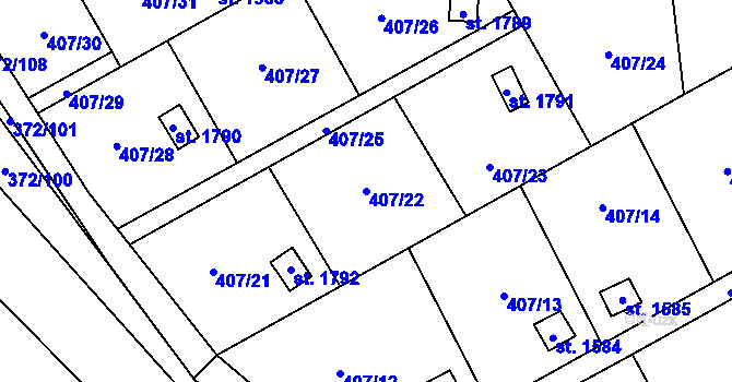 Parcela st. 407/22 v KÚ Malenovice u Zlína, Katastrální mapa
