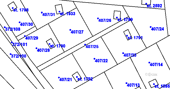 Parcela st. 407/25 v KÚ Malenovice u Zlína, Katastrální mapa