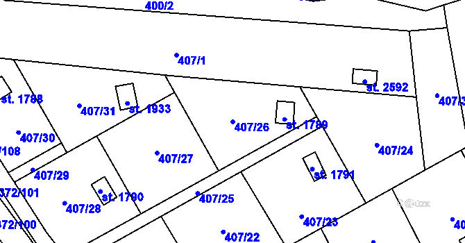 Parcela st. 407/26 v KÚ Malenovice u Zlína, Katastrální mapa