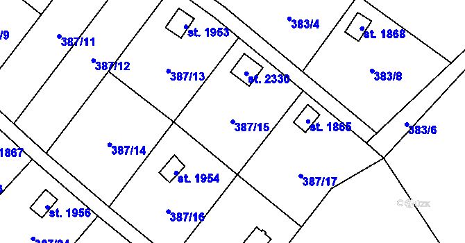 Parcela st. 387/15 v KÚ Malenovice u Zlína, Katastrální mapa
