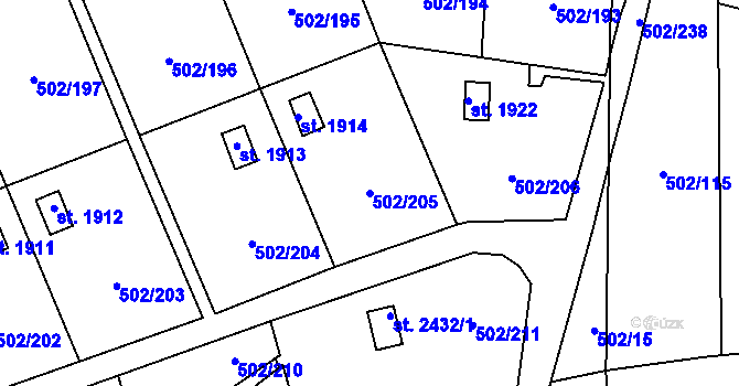 Parcela st. 502/205 v KÚ Malenovice u Zlína, Katastrální mapa