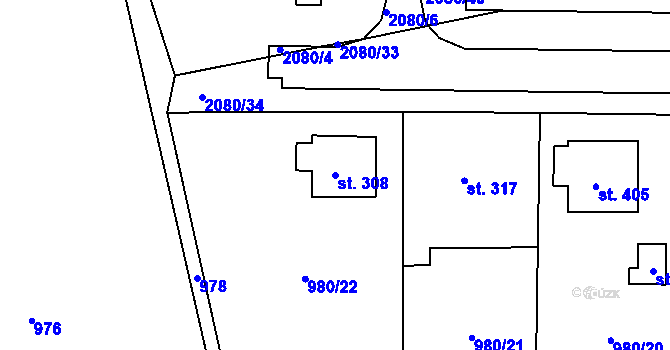 Parcela st. 308 v KÚ Tečovice, Katastrální mapa