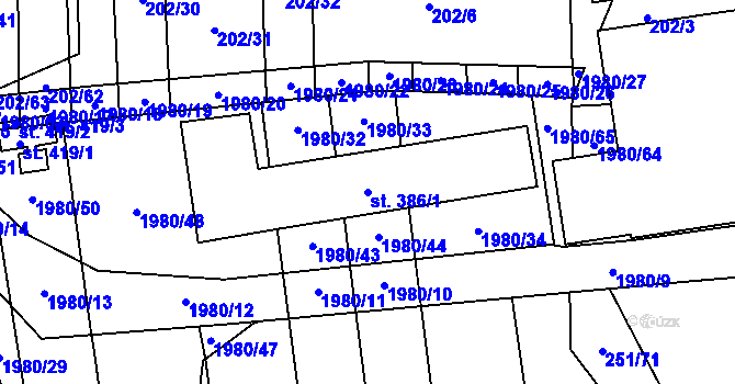 Parcela st. 386/1 v KÚ Louky nad Dřevnicí, Katastrální mapa