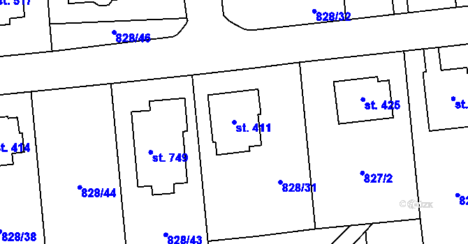 Parcela st. 411 v KÚ Louky nad Dřevnicí, Katastrální mapa