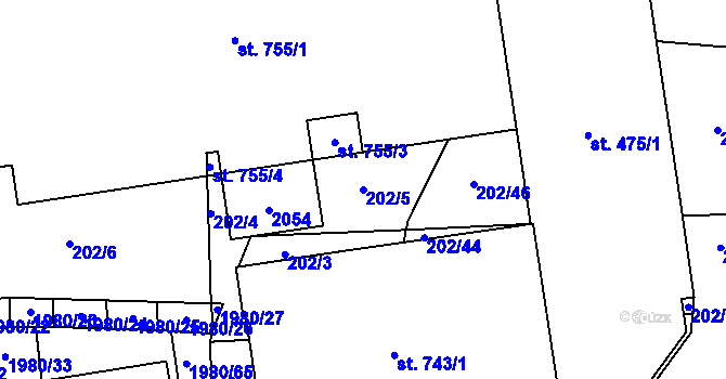 Parcela st. 202/5 v KÚ Louky nad Dřevnicí, Katastrální mapa