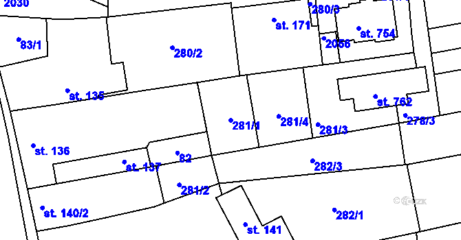 Parcela st. 281/1 v KÚ Louky nad Dřevnicí, Katastrální mapa