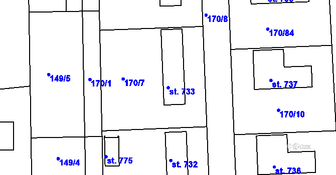 Parcela st. 733 v KÚ Louky nad Dřevnicí, Katastrální mapa