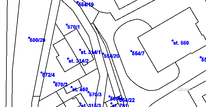 Parcela st. 554/20 v KÚ Louky nad Dřevnicí, Katastrální mapa