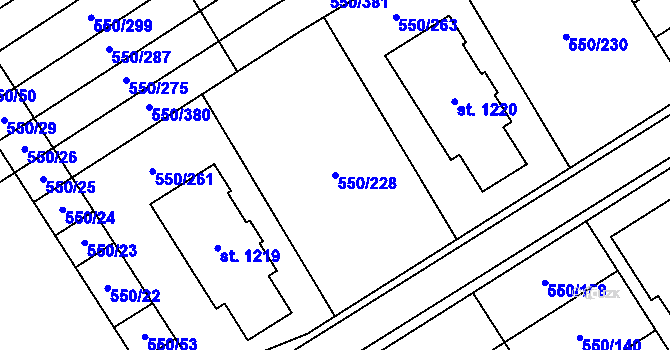 Parcela st. 550/228 v KÚ Prštné, Katastrální mapa
