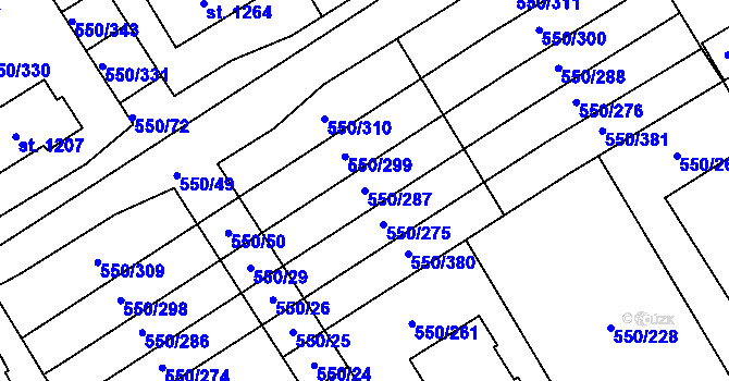 Parcela st. 550/287 v KÚ Prštné, Katastrální mapa