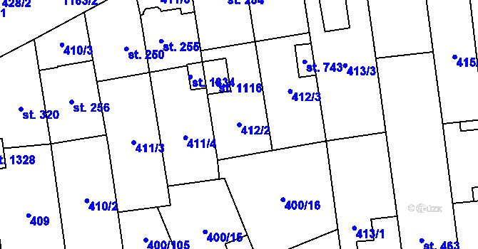 Parcela st. 412/2 v KÚ Prštné, Katastrální mapa
