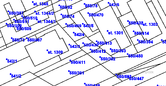 Parcela st. 550/430 v KÚ Prštné, Katastrální mapa