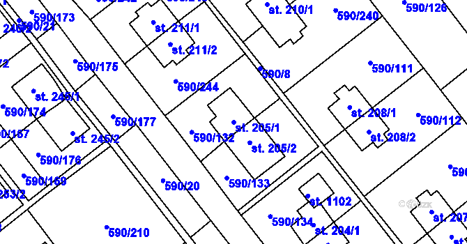 Parcela st. 205/1 v KÚ Mladcová, Katastrální mapa