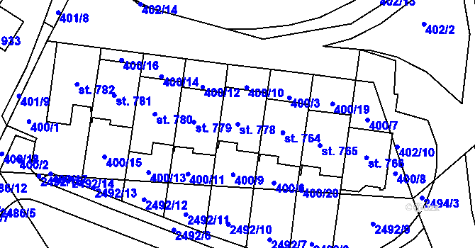 Parcela st. 778 v KÚ Mladcová, Katastrální mapa