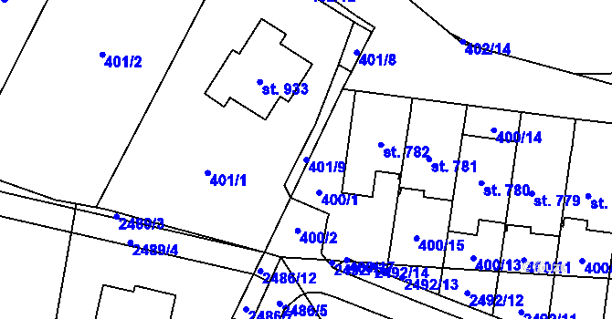 Parcela st. 401/9 v KÚ Mladcová, Katastrální mapa