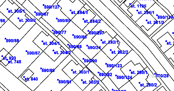 Parcela st. 590/24 v KÚ Mladcová, Katastrální mapa