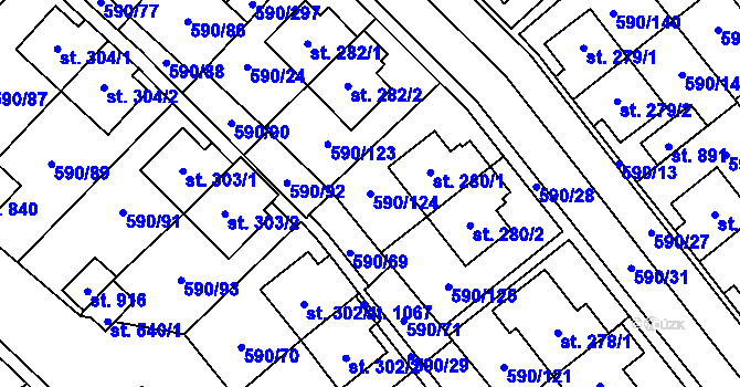Parcela st. 590/124 v KÚ Mladcová, Katastrální mapa
