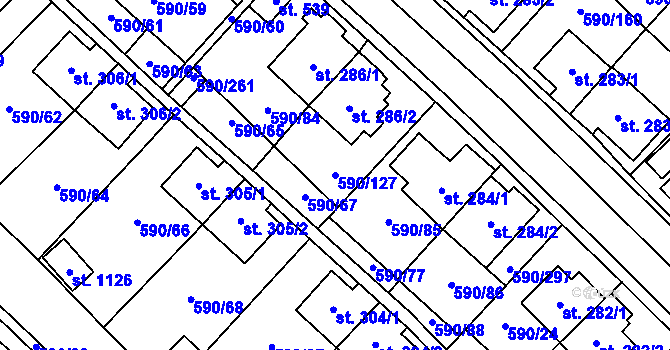 Parcela st. 590/127 v KÚ Mladcová, Katastrální mapa
