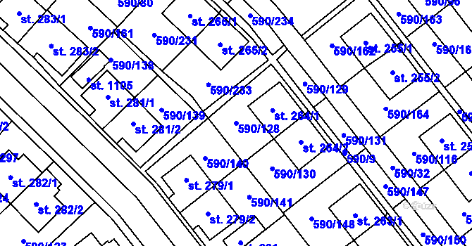 Parcela st. 590/128 v KÚ Mladcová, Katastrální mapa
