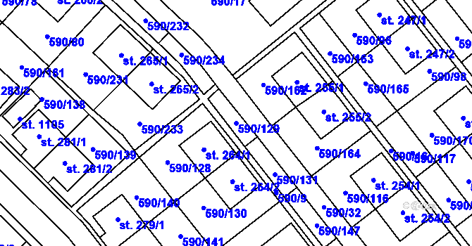 Parcela st. 590/129 v KÚ Mladcová, Katastrální mapa