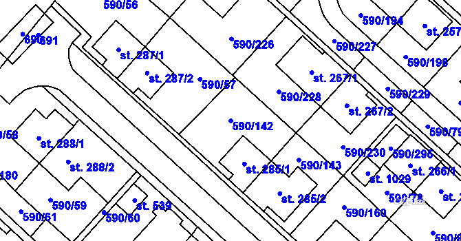 Parcela st. 590/142 v KÚ Mladcová, Katastrální mapa