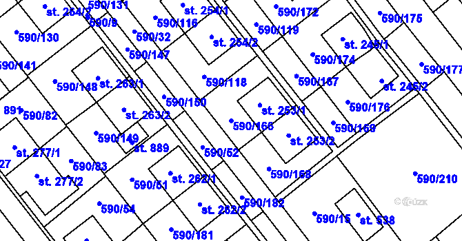 Parcela st. 590/166 v KÚ Mladcová, Katastrální mapa