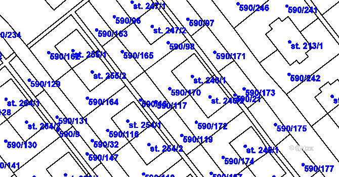 Parcela st. 590/170 v KÚ Mladcová, Katastrální mapa