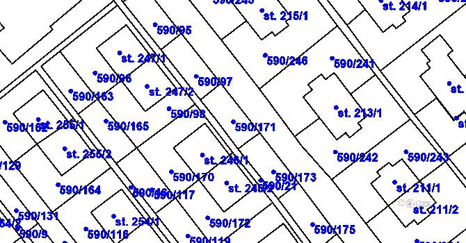 Parcela st. 590/171 v KÚ Mladcová, Katastrální mapa