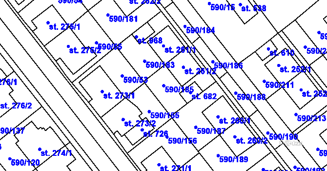 Parcela st. 590/185 v KÚ Mladcová, Katastrální mapa