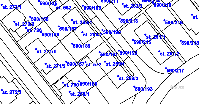 Parcela st. 590/191 v KÚ Mladcová, Katastrální mapa
