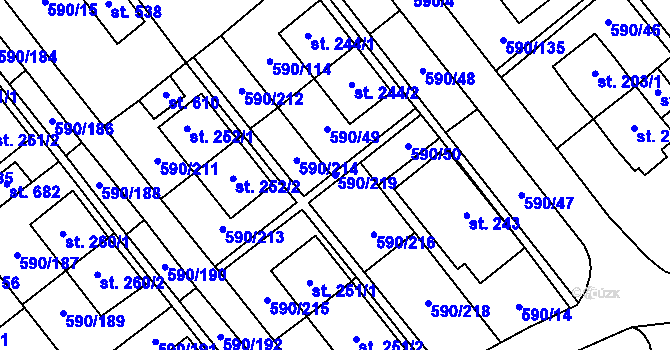 Parcela st. 590/219 v KÚ Mladcová, Katastrální mapa