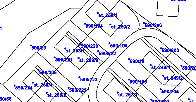 Parcela st. 590/222 v KÚ Mladcová, Katastrální mapa