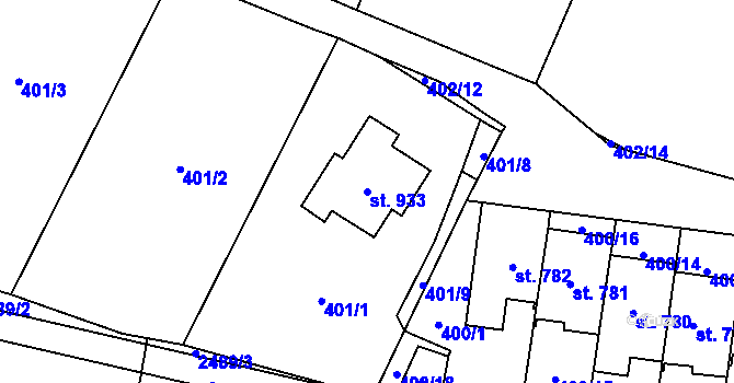 Parcela st. 933 v KÚ Mladcová, Katastrální mapa