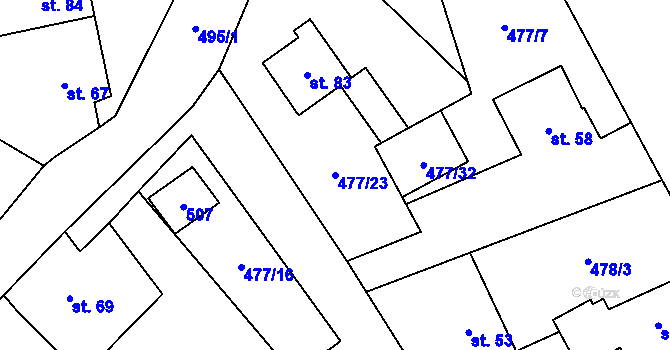 Parcela st. 477/23 v KÚ Grešlové Mýto, Katastrální mapa