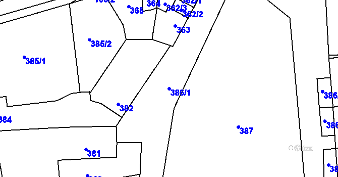 Parcela st. 386/1 v KÚ Grygov, Katastrální mapa