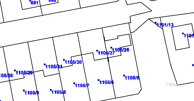 Parcela st. 1105/27 v KÚ Grygov, Katastrální mapa