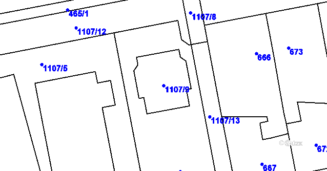 Parcela st. 1107/9 v KÚ Grygov, Katastrální mapa