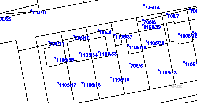 Parcela st. 1105/33 v KÚ Grygov, Katastrální mapa