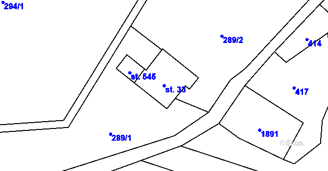 Parcela st. 33 v KÚ Guty, Katastrální mapa