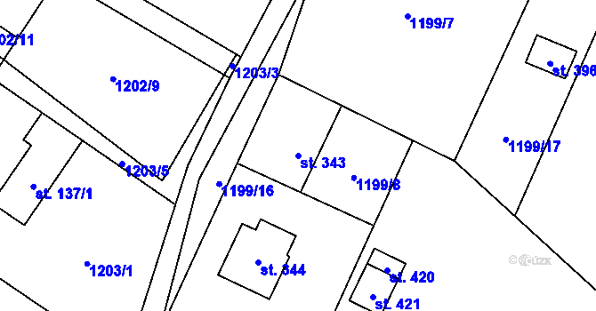 Parcela st. 343 v KÚ Guty, Katastrální mapa
