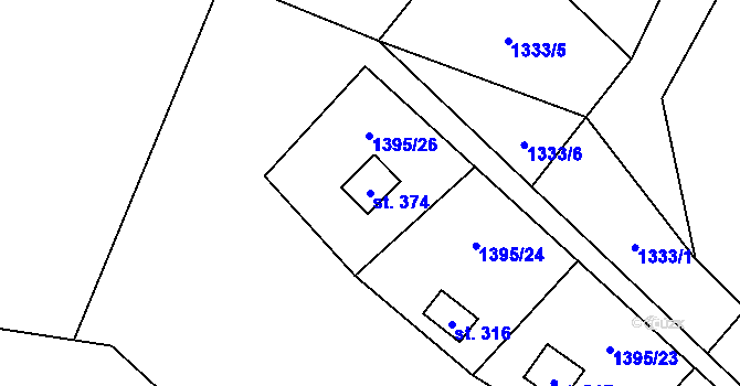Parcela st. 374 v KÚ Guty, Katastrální mapa