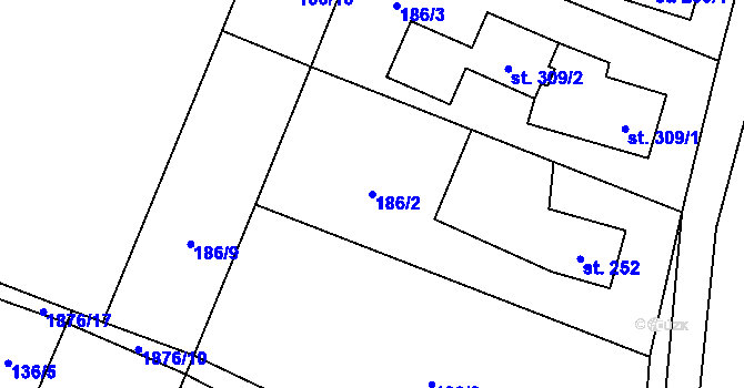 Parcela st. 186/2 v KÚ Guty, Katastrální mapa