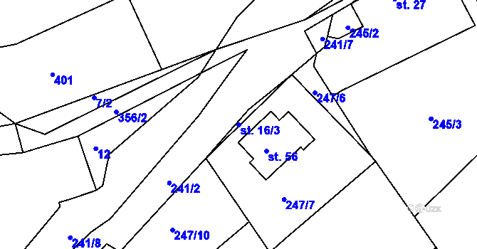 Parcela st. 16/3 v KÚ Obrvaň, Katastrální mapa