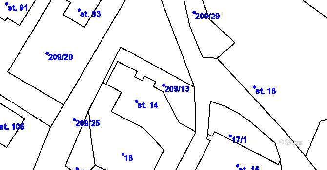 Parcela st. 209/13 v KÚ Hajany u Blatné, Katastrální mapa
