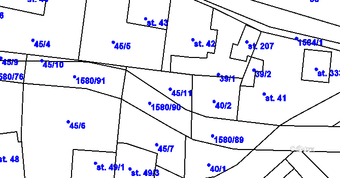 Parcela st. 45/11 v KÚ Brusnice, Katastrální mapa