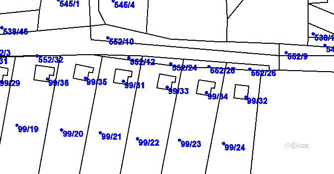 Parcela st. 99/33 v KÚ Haklovy Dvory, Katastrální mapa