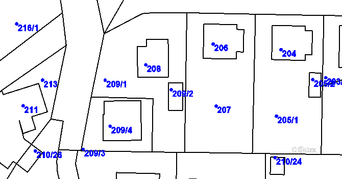 Parcela st. 209/2 v KÚ Haklovy Dvory, Katastrální mapa