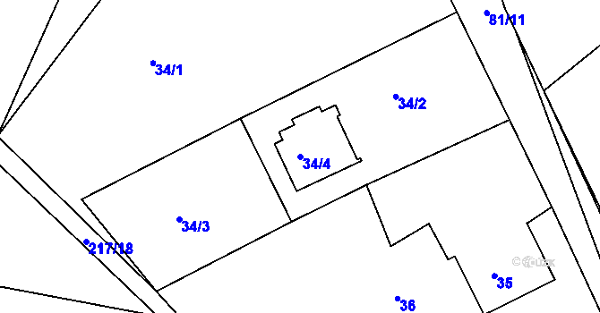 Parcela st. 34/4 v KÚ Halámky, Katastrální mapa