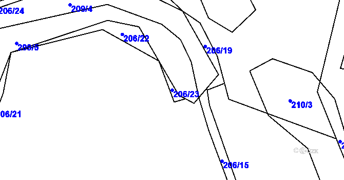 Parcela st. 206/23 v KÚ Halámky, Katastrální mapa