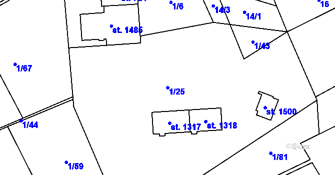 Parcela st. 1/25 v KÚ Halenkov, Katastrální mapa